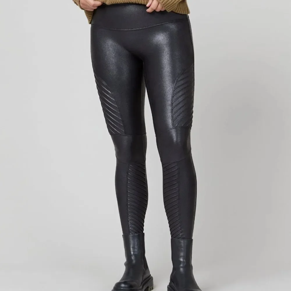 $110 NWOT Spanx Faux Leather Moto Style Black Leggings Size SMALL S/P